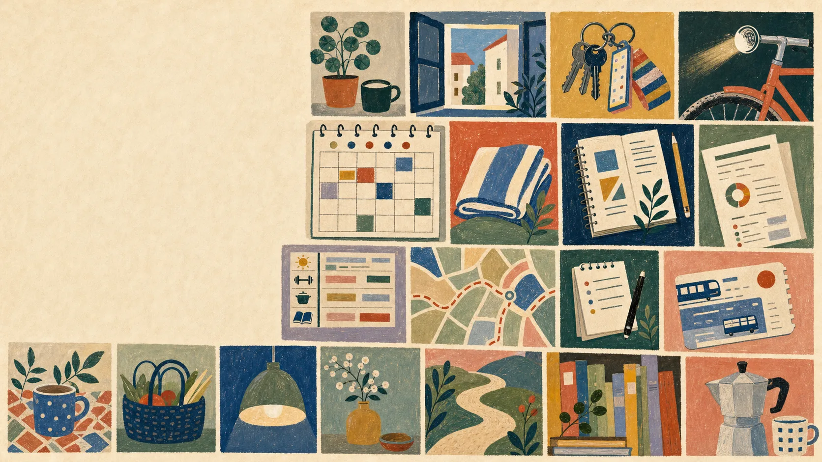 Illustrierte Kacheln mit Kalender, Schlüsseln, Velo, Notizheften, Karten, Tickets, Pflanzen und Haushaltsgegenständen für die Planung von Lebensentscheidungen.